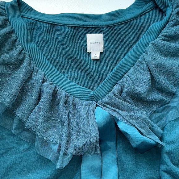 Maeve Anthropologie V-Neck Bow Sweater Size S Teal Green Ruffle Neck Boho - Picture 2 of 7